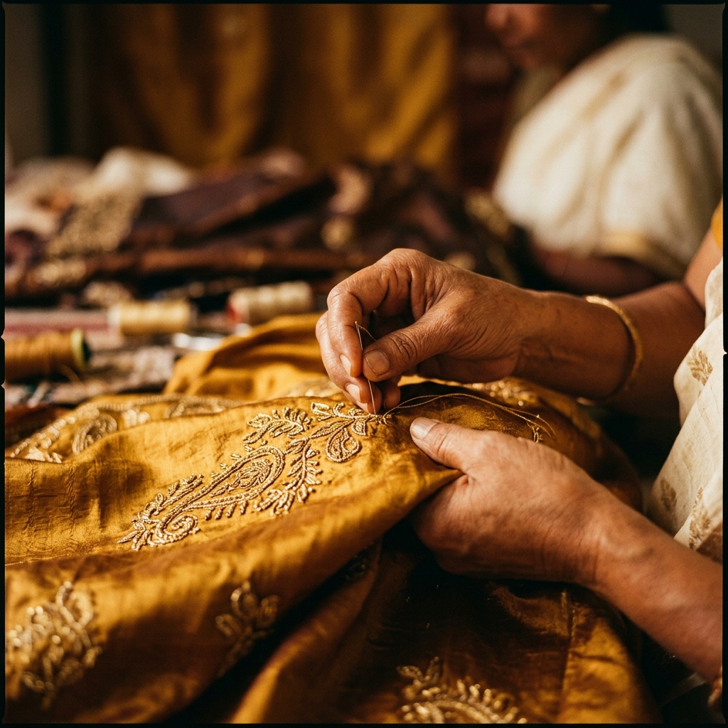 Hands crafting embroidered golden silk — the tradition behind Kamak Ventures